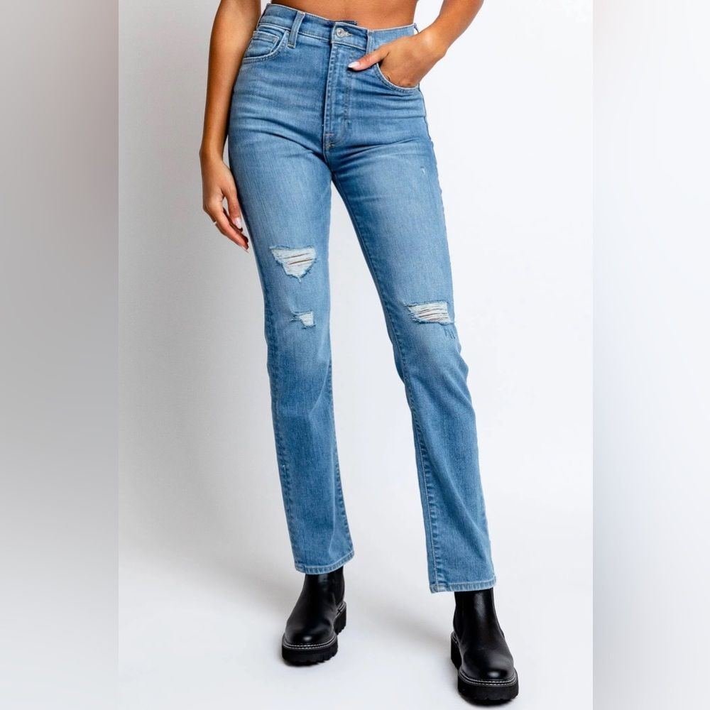 7 For All Mankind Easy Slim "Floral Print" Distressed High-Rise Jeans   Size: 32